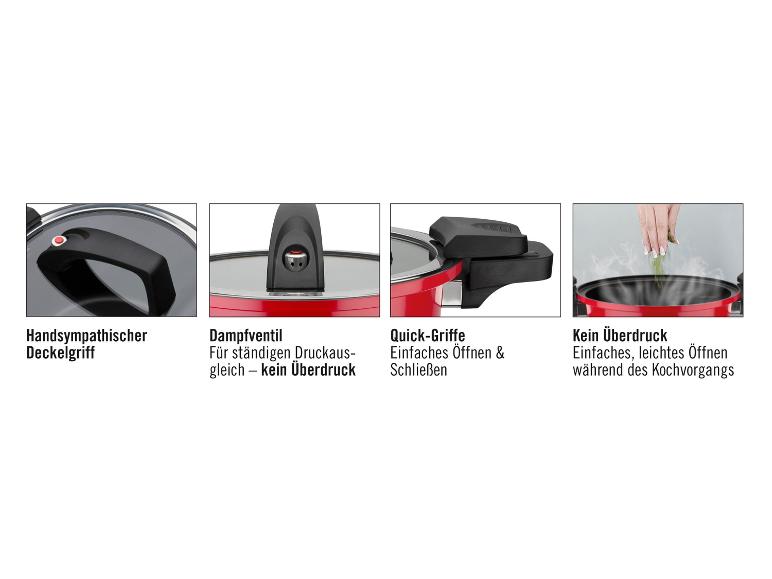 Vier Nahaufnahmen eines roten Topfes mit Deckel, die den ergonomischen Griff, das Dampfventil, die Schnellverschlussgriffe und die Möglichkeit zum Öffnen während des Kochens zeigen.