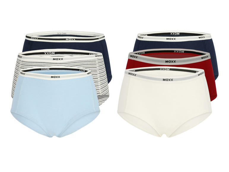 Sechs Damen-Unterhosen der Marke Mexx in verschiedenen Farben und Mustern.