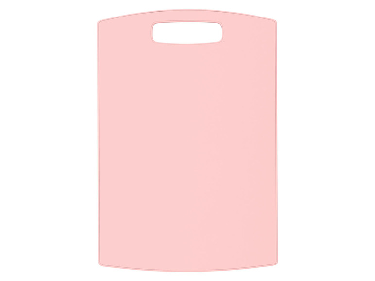 Ein rosa Schneidebrett mit Griff.