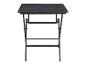 Schwarzer Klapptisch mit Holzdekor-Tischplatte.