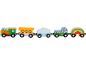 Bunter Holzeisenbahn-Spielzeug mit Lokomotive, Waggon, Wolke, gestreiftem Waggon und Regenbogen.