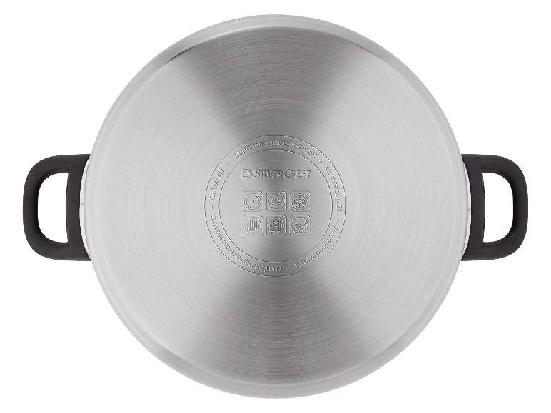 Draufsicht auf einen SilverCrest Edelstahltopf.