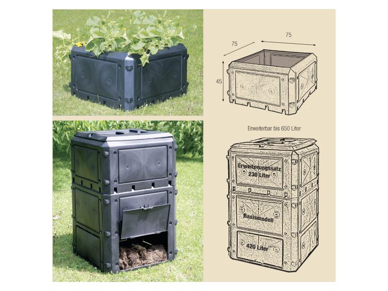 Modularer Gartenkomposter mit Pflanzen, mit Maßen und Kapazitäten von 420L und 230L.