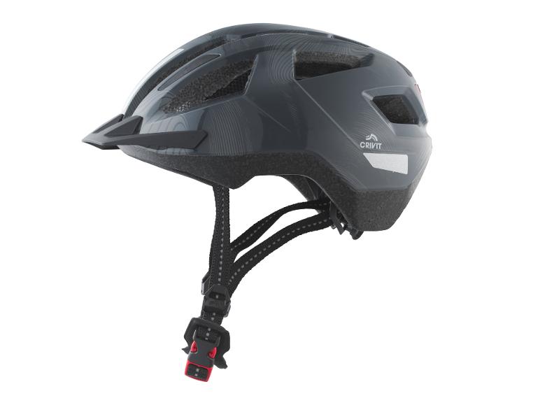 Grauer Fahrradhelm mit Visier und reflektierenden Details.