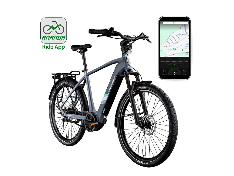 Graues E-Bike mit einer Fahr-App und einer Kartenansicht auf einem Smartphone.