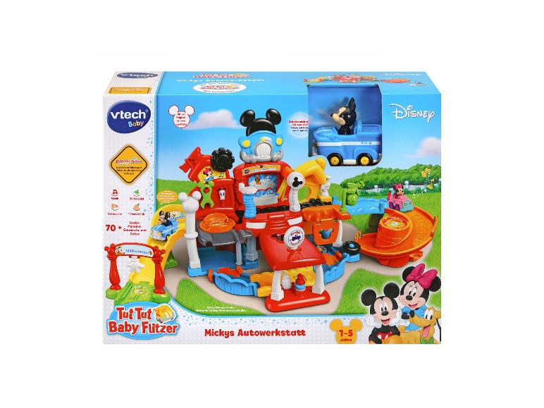 Micky Maus Autowerkstatt Spielset, mit Figuren und Fahrzeugen.