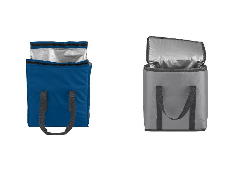 Blaue und graue Kühltaschen mit Henkeln.
