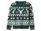 Grüner Pullover mit Hirsch- und Schneeflockenmuster, festlicher Stil.