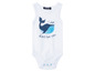 Ein weißer Baby-Strampler mit einem blauen Wal-Motiv und dem Text 'I whale always love you'.