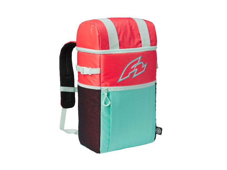 Roter und türkisfarbener Rucksack mit FB-Logo.