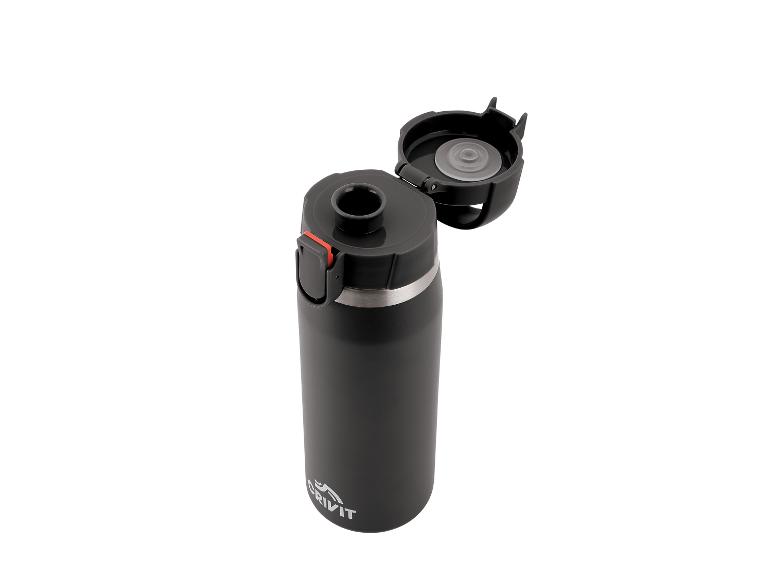Schwarze Thermosflasche mit offenem Deckel und roten sowie silbernen Details.