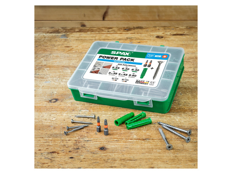 Eine Box Spax Schrauben mit Bits und Dübeln
