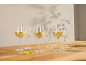 Sechs Weingläser mit Weißwein und Trauben auf einem Holztisch.