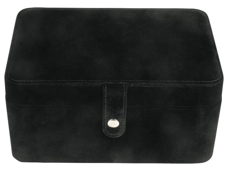 Eine schwarze Samtbox mit einem silbernen Verschluss.