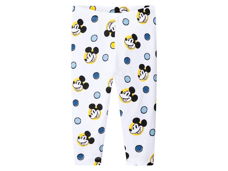 Weiße Leggings mit Cartoon-Mausgesichtern und blauen Punkten.