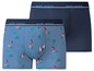 Zwei Paar Happy Shorts Boxershorts, eine mit tropischem Muster und eine einfarbig dunkelblau.