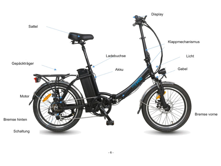 Ein schwarzes myvelo Faltrad mit Hinterradmotor und Vorderradbremse.