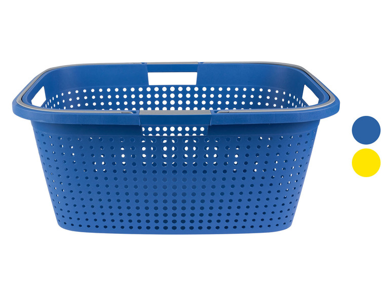 Ein blauer Wäschekorb mit Griffen.