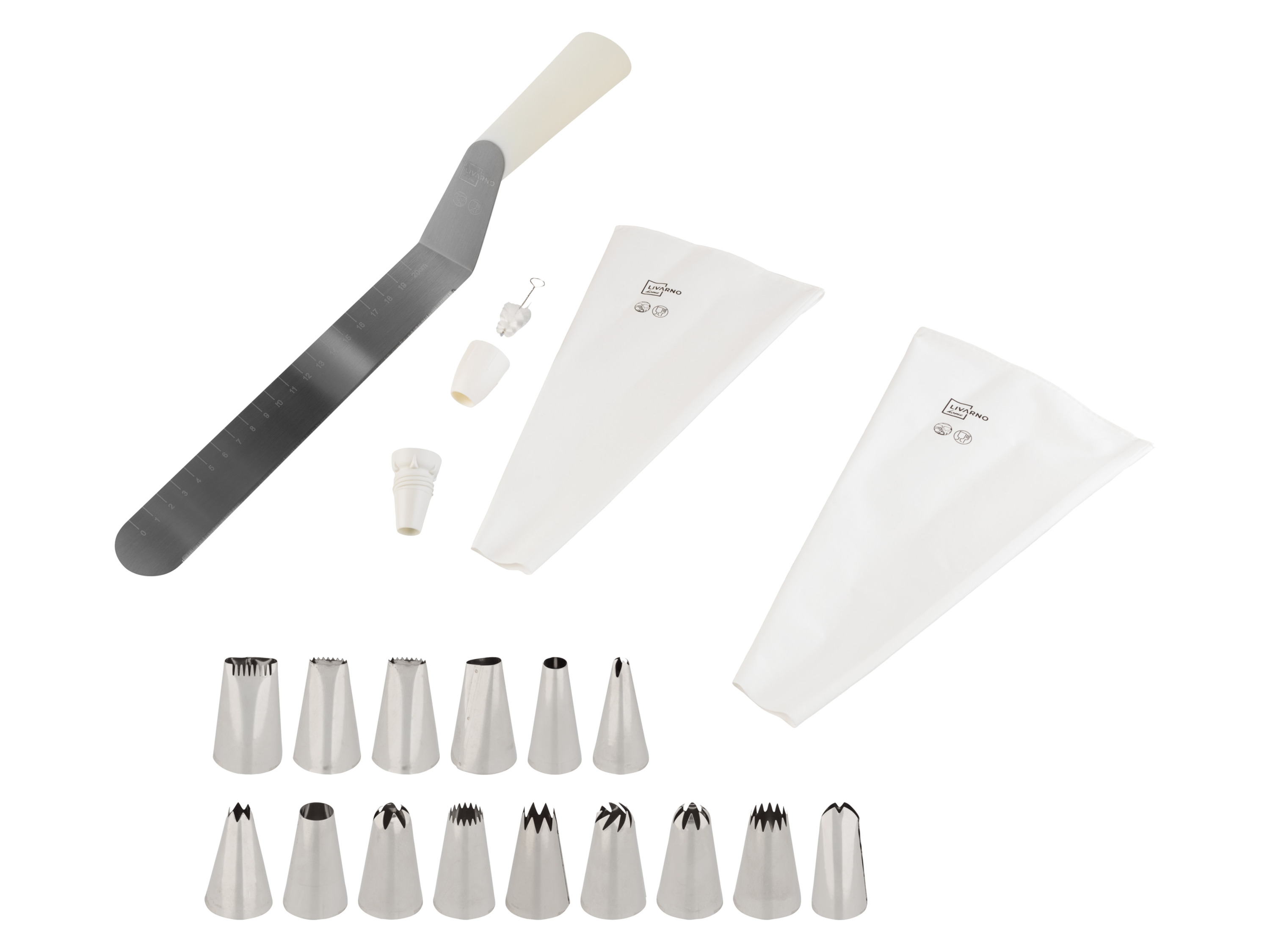 LIVARNO home Gebäckpresse/Dekorierset (Spritzbeutel 20er Set)““ | 9 Motivscheiben und 5 Spritztüllen für vielfältigen Einsatz Praktische Einhandbedienung und einfaches Auswechseln der Aufsätze Einfach auseinanderzunehmen und leicht zu reinigen Gleichmäßige Portionierung Aufsätze aus hochwertigem Edelstahl BPA-frei: kein Bisphenol A 15-teilig Füllmenge: ca. 250 ml Inkl. Gebrauchsanweisung mit Rezeptvorschlägen Spritzbeutel-Set Zum Verzieren von Cupcakes und Torten sowie zum Zubereiten von Macarons 2 waschbarer Spritzbeutel aus beschichteter Baumwolle 1 Adapter außen