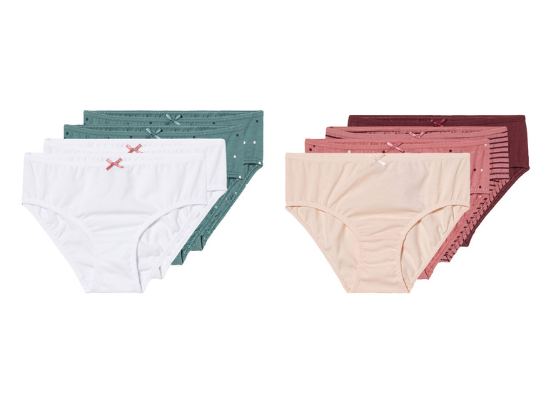 Ein Set mit sechs weißen, grünen und rosafarbenen Unterhosen.