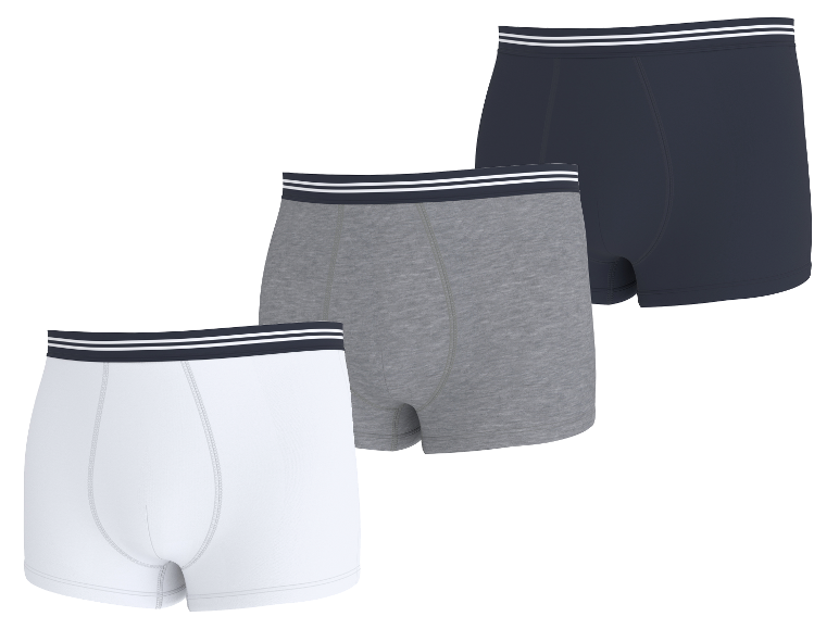 Drei ESMARA MEN Herren-Boxershorts in Weiß, Grau und Dunkelblau.