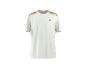 Weißes Sport-T-Shirt mit schwarzen, roten und gelben Streifen auf den Schultern.