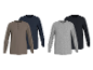 Herren-Langarmshirts: zwei graue und zwei dunkelblaue, eines mit Knöpfen.