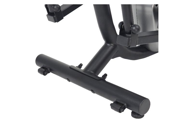 Schwarze Fitnessgerätebasis mit verstellbaren Füßen und Transporträdern.