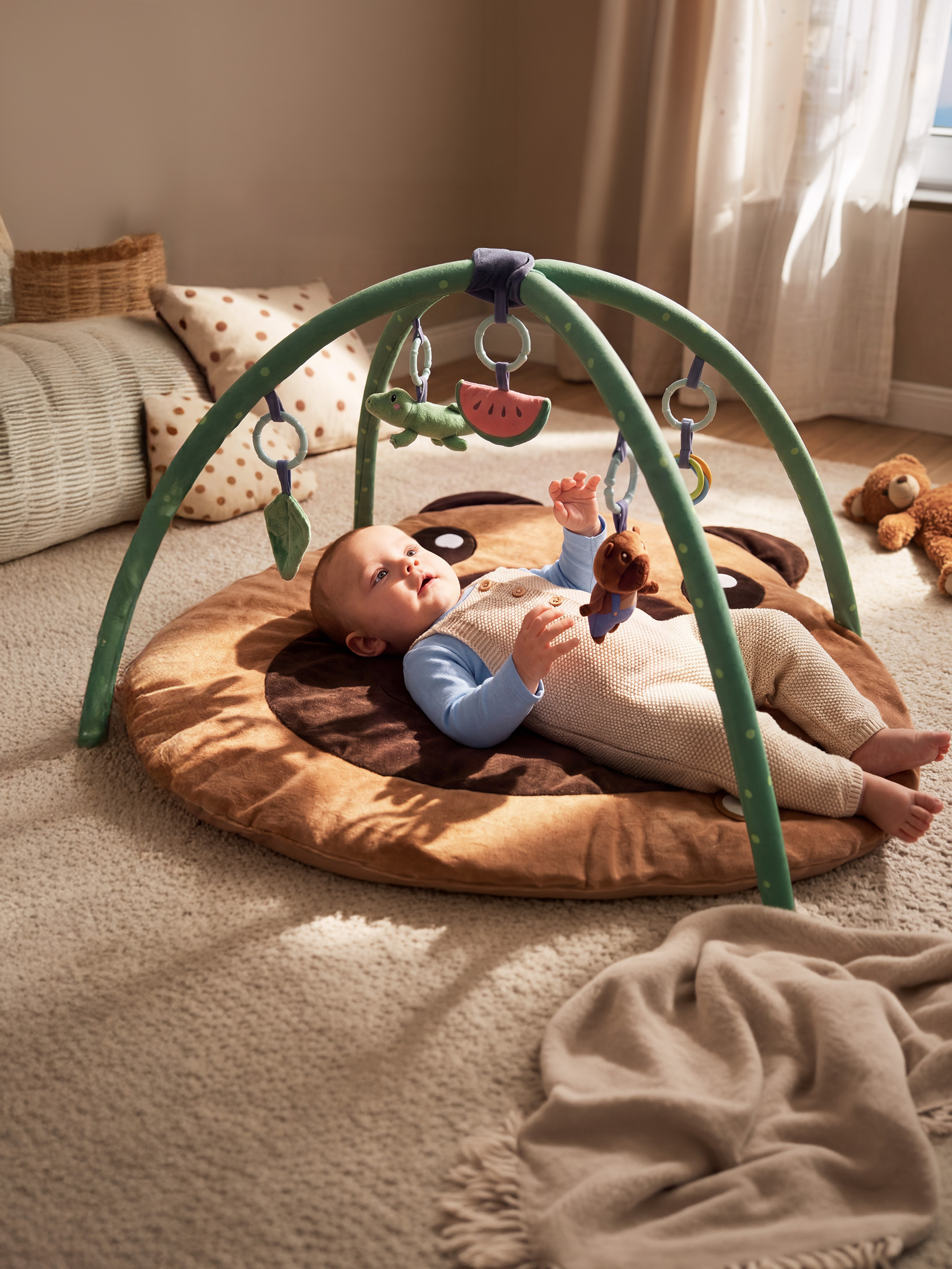 Baby auf einer Spielmatte mit hängendem Spielzeug in einem hellen Raum.