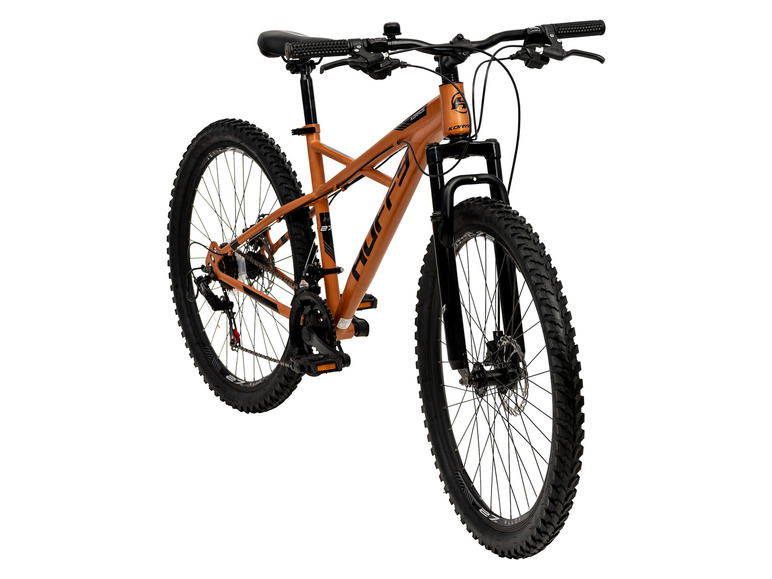 Ein orangefarbenes Mountainbike mit Scheibenbremsen.