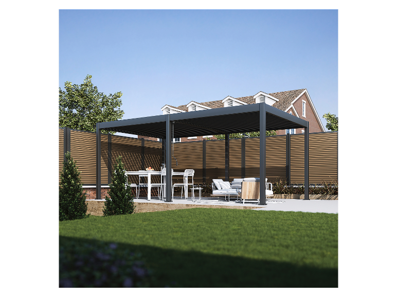Moderne Pergola, Gartenmöbel und Sichtschutz.