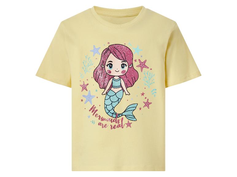 Gelbes Kurzarm-T-Shirt mit einer Meerjungfrau und dem Slogan „Mermaids are real“.