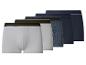 Fünf Herren-Boxershorts in Weiß, Grau, Blau und Dunkelblau, mit gestreiften Bund.