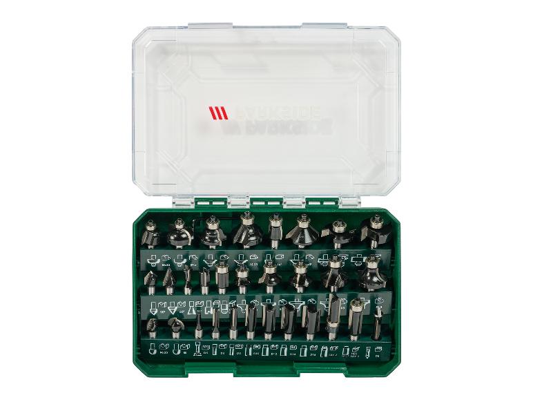 Set mit 35 Fräsern in einer grünen Box mit transparentem Deckel, in verschiedenen Größen und Formen.