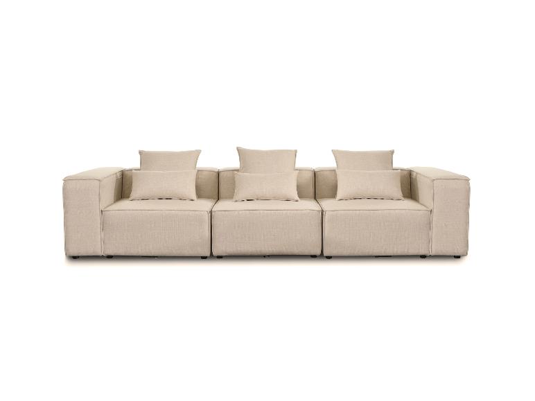 Beiges modulares Dreisitzer-Sofa mit Kissen, auf weißem Hintergrund.