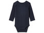 Ein dunkelblauer Baby-Body mit langen Ärmeln.