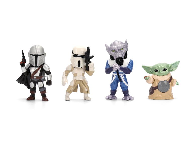 Vier Science-Fiction-Figuren: Mandalorianer, Sturmtruppler, Alien und Grogu