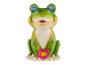 Grüne Frosch-Gartendekoration mit leuchtenden Augen und einer rosa Blume