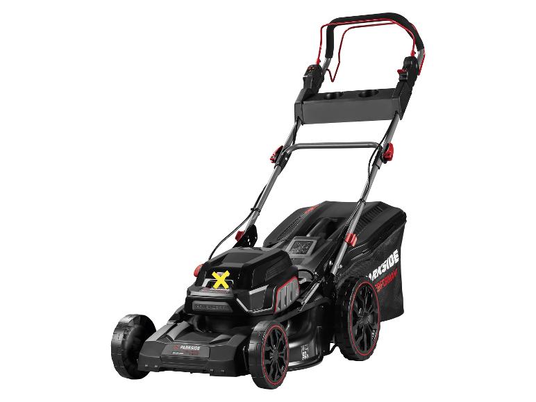PARKSIDE PERFORMANCE Akku-Rasenmäher mit schwarzem Gehäuse und roten Akzenten