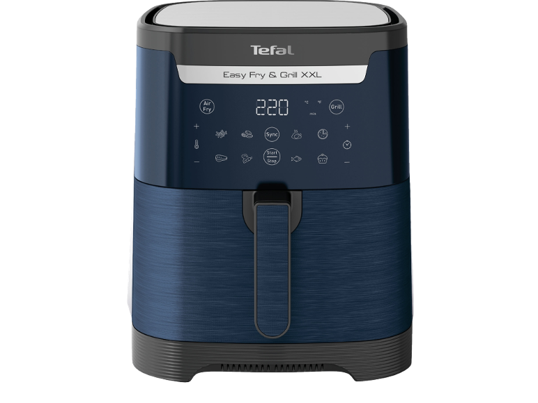 Blaue Heißluftfritteuse mit digitalem Display und Touch-Bedienfeld.