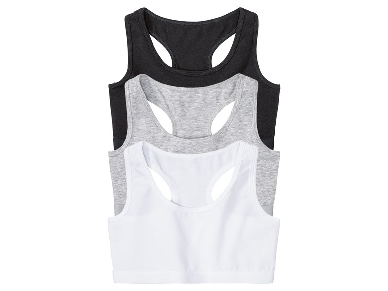 Drei Tanktops in Schwarz, Grau und Weiß.