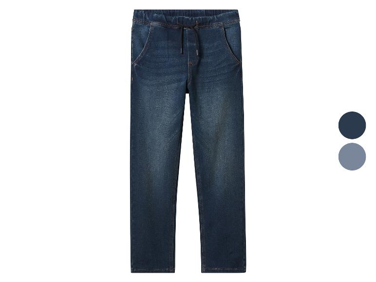 Herren-Joggerhose aus dunkelblauem Denim mit Kordelzug und Taschen.