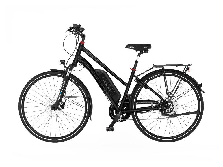 Schwarzes Fischer E-Bike mit integriertem Akku und Gepäckträger.