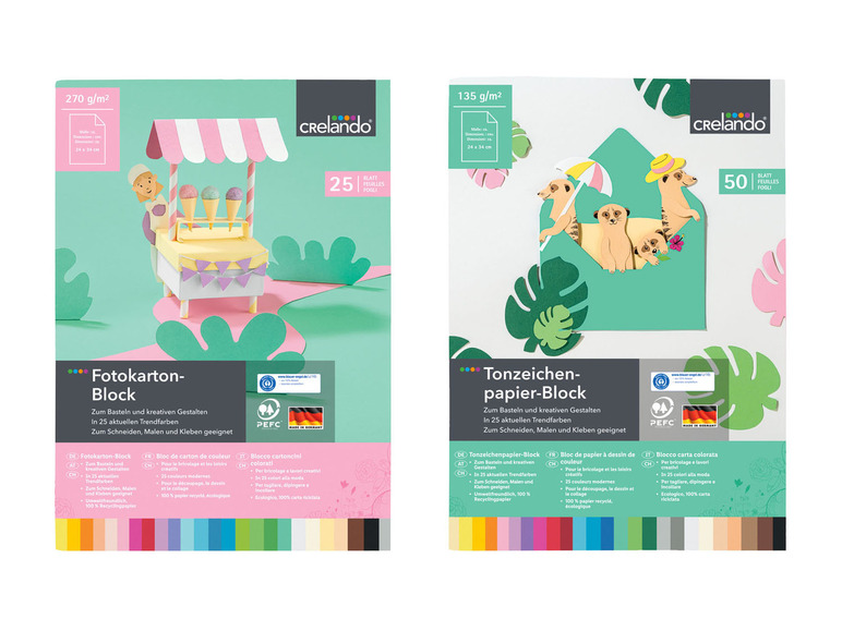 Crelando Fotokarton und Tonzeichenpapier in 25 Farben, geeignet zum Basteln, Zeichnen und Kleben.