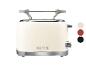 Cremefarbener Retro-Toaster mit Chromakzenten und Brötchenaufsatz, mit Farbmustern.