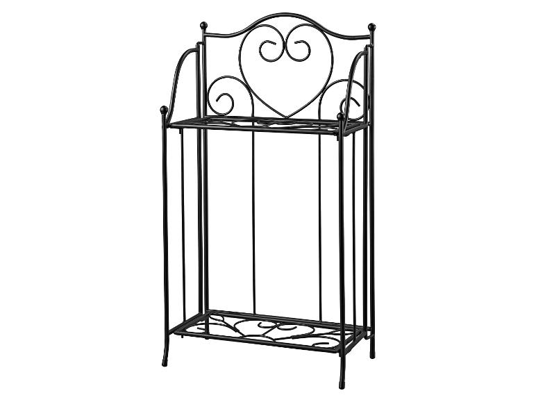 Schwarzes schmiedeeisernes Pflanzenregal mit zwei Ablagen und herzförmigen Verzierungen.