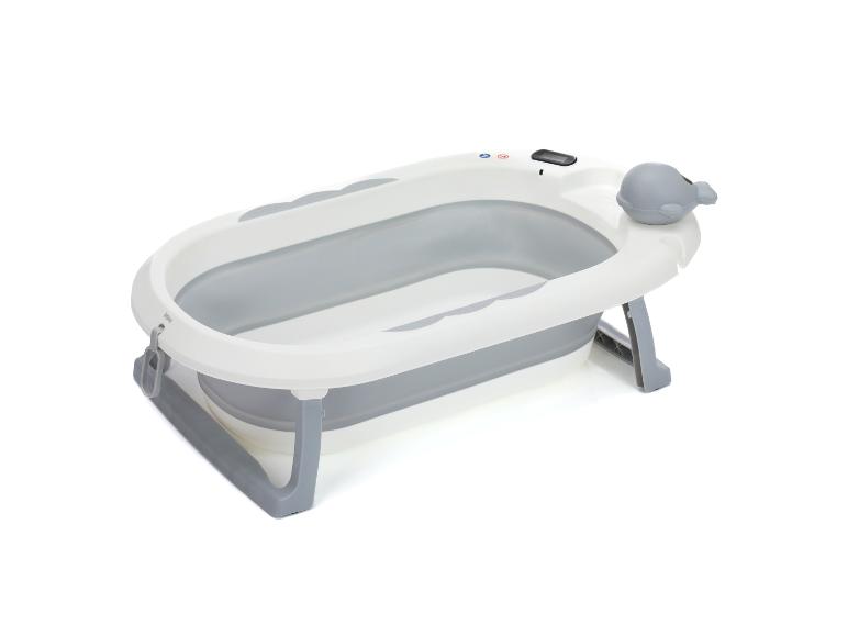Faltbare Babywanne, weiß und grau, mit digitalem Thermometer und Wal-Spielzeug