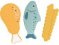 Spielzeug-Hähnchenkeule, Fisch und Pommes Frites.