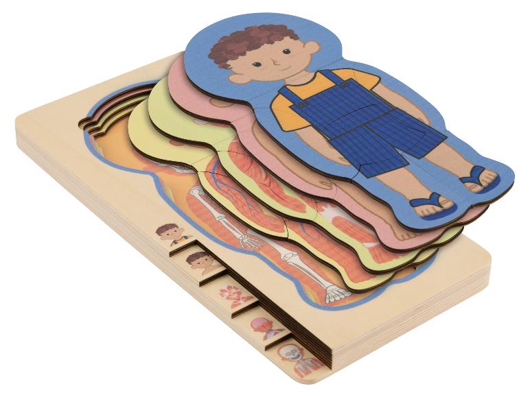 Holzschichtpuzzle des menschlichen Körpers für Kinder, mit bekleidetem Jungen auf der obersten Schicht.