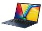Offener dunkelblauer Laptop mit einem farbigen Bildschirm, der den Text „Vivobook“ anzeigt.